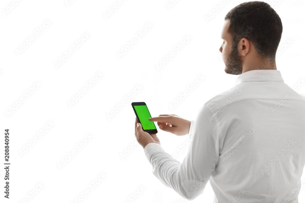 Close-up of male hands using smartphone. Chroma Key. Tracking motion. Close-up of male hands using smartphone. Chroma Key. Tracking motion.