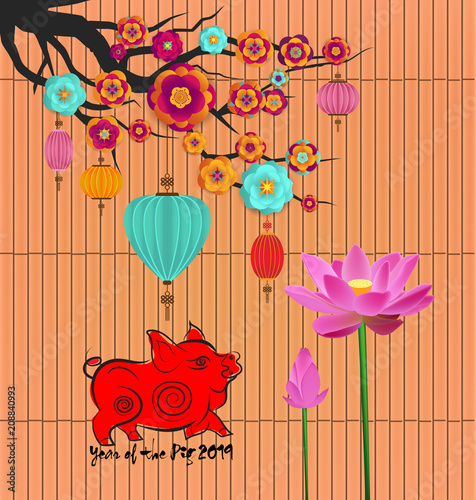 Chinese new year 2019 background with lotus. Year of the pig