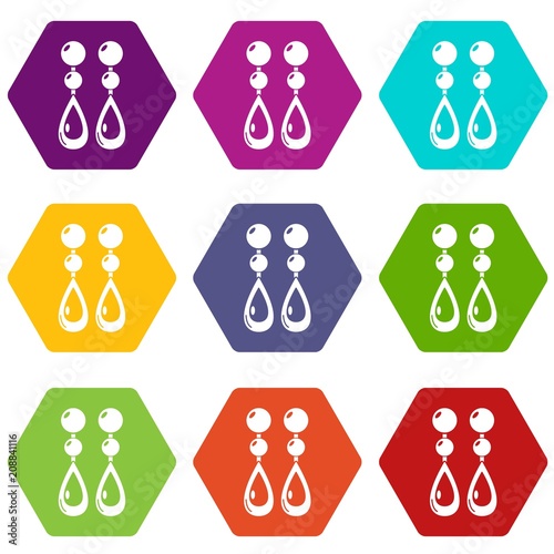 Pearl earrings icons 9 set coloful isolated on white for web