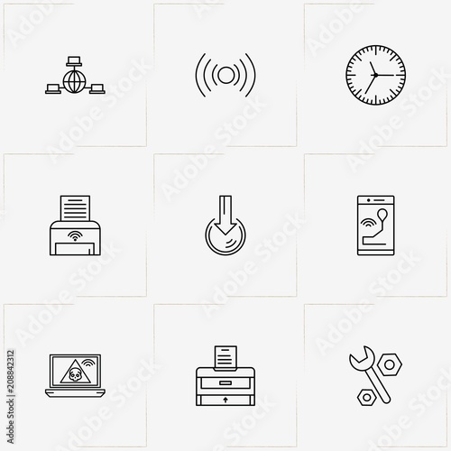 Internet line icon set with computer tools, clock and incoming file