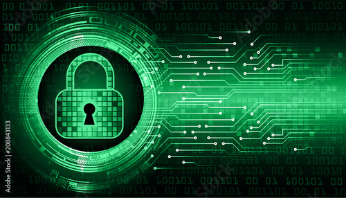 Safety concept, Closed Padlock on digital background, cyber security, green abstract hi speed internet technology background illustration. key vector