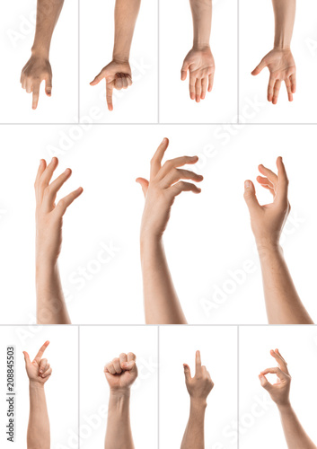 Man hand with the various gesture, open hand, pointing finger, hitting each other, fingers crossed, hold, grab, catch, fist, showing numbers. Isolated on white background. Collage of set photos.
