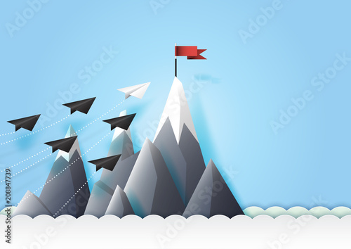 Business teamwork and leadership concept with paper airplanes reach the red flag target.Paper art vector illustration.