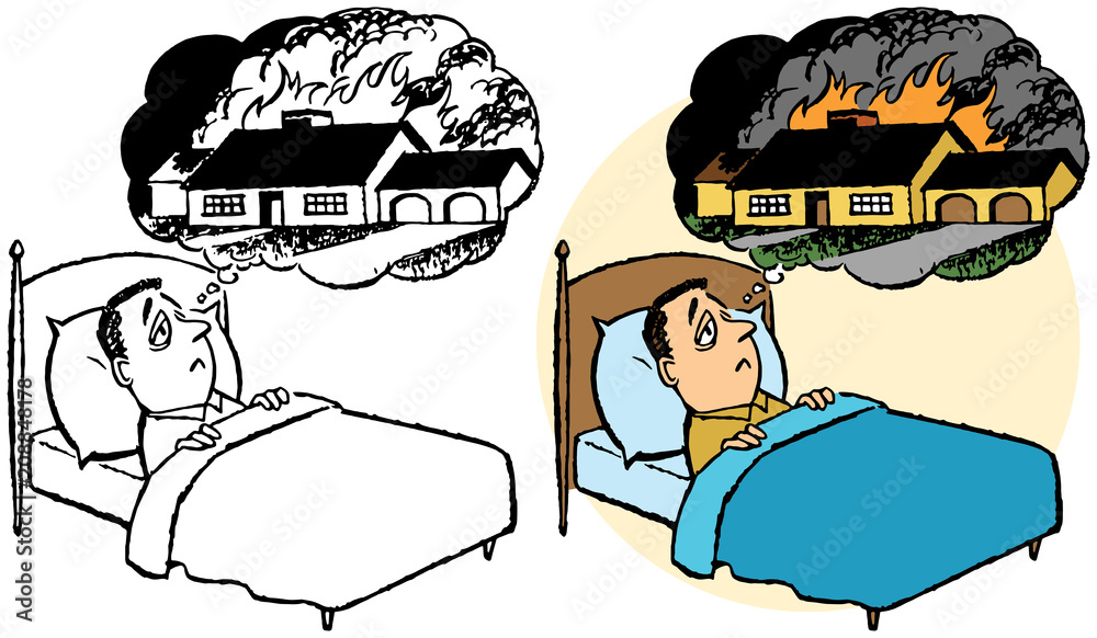 A man lies in bed unable to sleep worried about his house catching fire. 