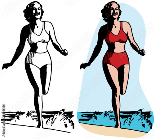 A woman in a bikini running along a beach.