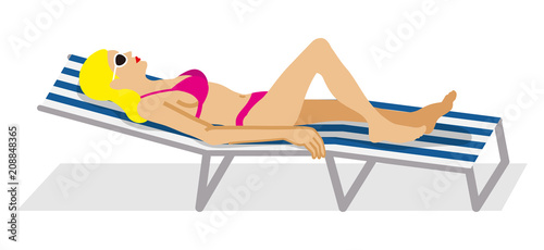 Woman lying down on the Deck Chair - side view
