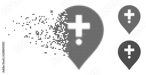 Grey vector drugstore marker icon in fractured, pixelated halftone and undamaged solid versions. Disappearing effect uses rectangle particles.