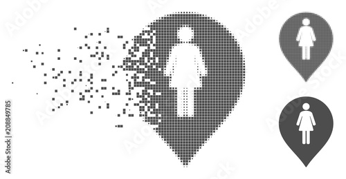 Gray vector female toilet marker icon in dispersed, pixelated halftone and undamaged whole variants. Disappearing effect uses square particles.