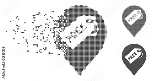 Gray vector free tag marker icon in dissolved, dotted halftone and undamaged whole variants. Disintegration effect uses rectangular particles. Cells are grouped into dissipated free tag marker symbol.
