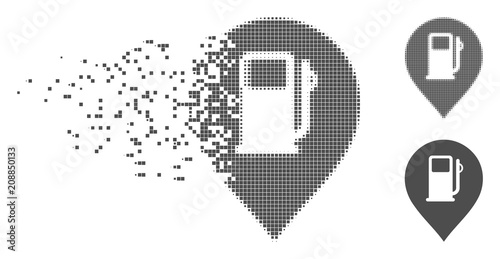 Gray vector fuel station marker icon in fractured, pixelated halftone and undamaged entire versions. Disappearing effect involves square dots.
