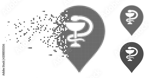 Gray vector healthcare snake marker icon in dissolved, dotted halftone and undamaged whole versions. Disappearing effect involves square dots.