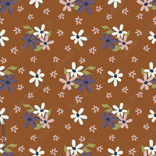 Seamless vector repeat cute daisy floral pattern with rust background. Trendy colors.