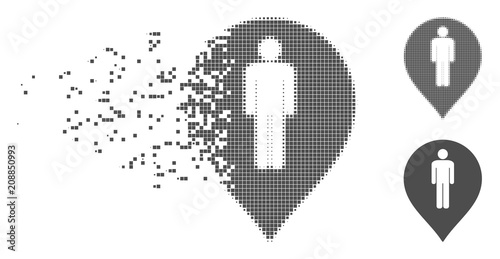 Grey vector man toilet marker icon in dissolved, dotted halftone and undamaged solid versions. Disintegration effect uses square dots. Particles are grouped into disappearing man toilet marker icon.