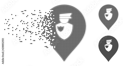 Gray vector policeman marker icon in dispersed, pixelated halftone and undamaged solid variants. Disintegration effect involves rectangle dots.