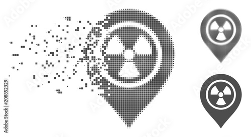 Grey vector radioactive marker icon in dissolved, pixelated halftone and undamaged entire versions. Disintegration effect involves rectangular particles.