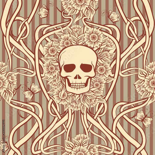 Seamless pattern  with skull in art nouveau style  vector illustration