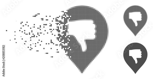 Gray vector thumb down marker icon in dispersed, dotted halftone and undamaged whole variants. Disappearing effect involves rectangle dots. Pieces are arranged into dissolving thumb down marker shape.