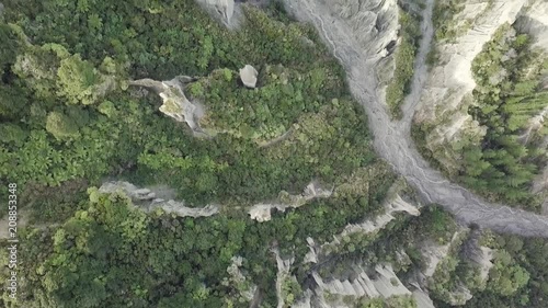 Top Down View Of Putangirua Pinnacles And Forest Hiking Path 4k photo