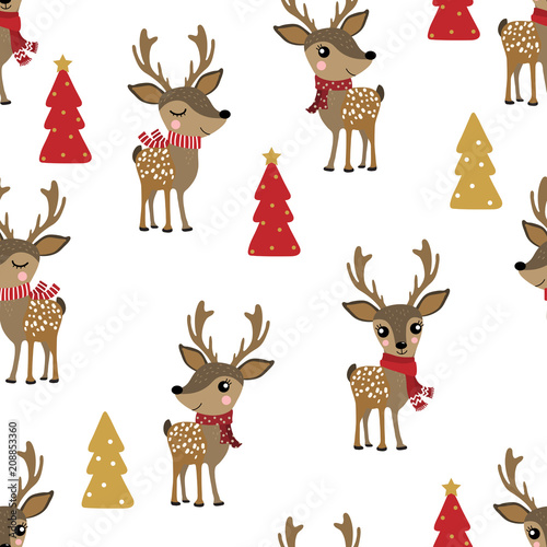 Cute deer in winter costume seamless pattern. Animal cartoon holidays background. Wildlife character. Christmas wrapping.