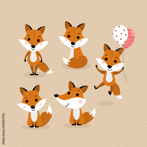 Cute fox cartoon vector. Wildlife character. Forest animal action set.