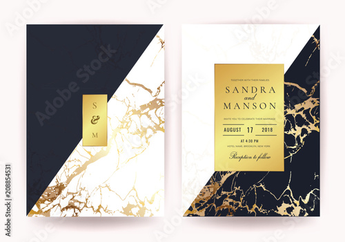 Wedding invitation cards with Luxury gold marble texture background and geometric pattern vector design template