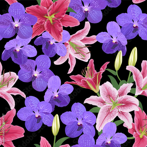 Fototapeta Naklejka Na Ścianę i Meble -  Seamless pattern of vanda orchid and lily flower on black background template. Vector set of blooming floral for holiday invitations, greeting card and fashion design.