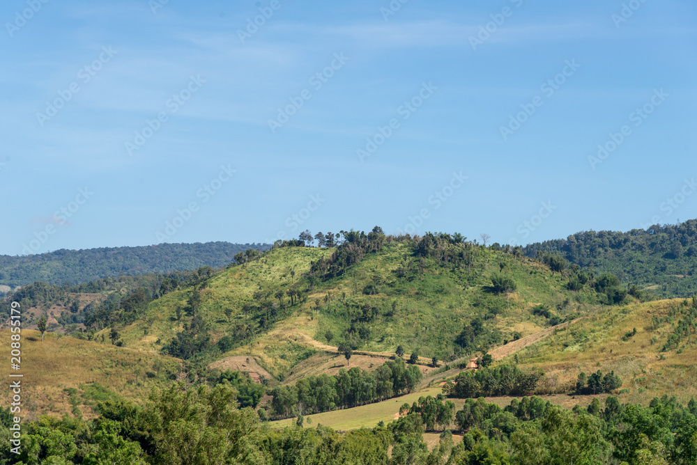 Beautiful mountain landscape and meadows with nice blue sky and cloud on summer sunny day
