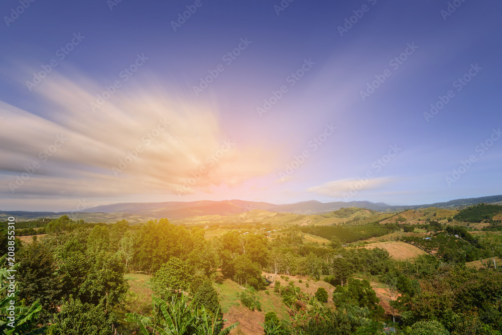 Beautiful mountain landscape and meadows with nice blue sky and cloud on summer sunny day