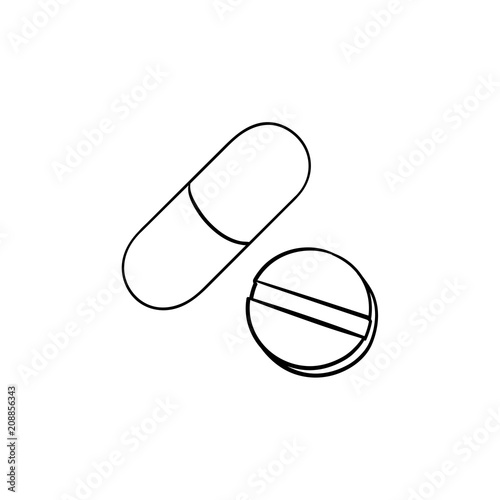 Pills hand drawn outline doodle icon. Tablet and capsule as dose, cure, medicine, drugstore concept. Vector sketch illustration for print, web, mobile and infographics on white background.