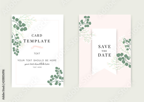 Wedding invite, invitation, rsvp, save the date card design with elegant peony pink garden rose anemone, wax flowers eucalyptus branches leaves, cute golden geometrical pattern. Vector template set