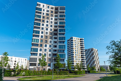 Modern high-rise residential buildings seen in Munich, Germany