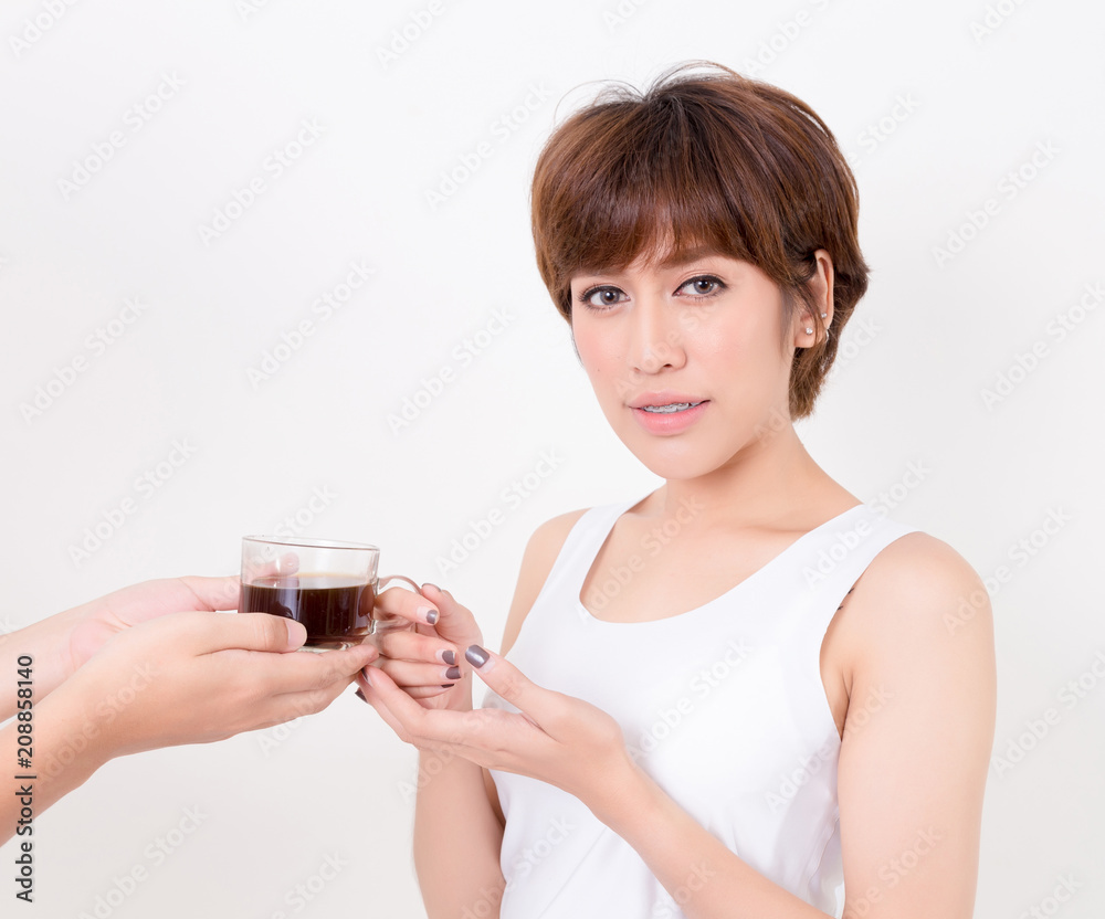 Barista giving cup of coffee to young asia woman. . Isolated on white background. Studio lighting. Concept for healthy. Barista giving cup of coffee to young asia woman. . Isolated on white background. Studio lighting. Concept for healthy.