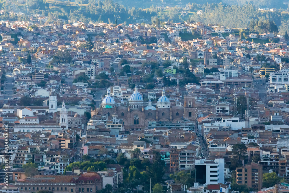 aerial view historic center Cuenca at sunset