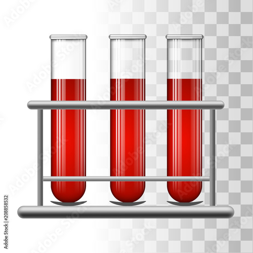 Medical test tubes with blood in rack. Transparent glass flasks. Vector illustration.