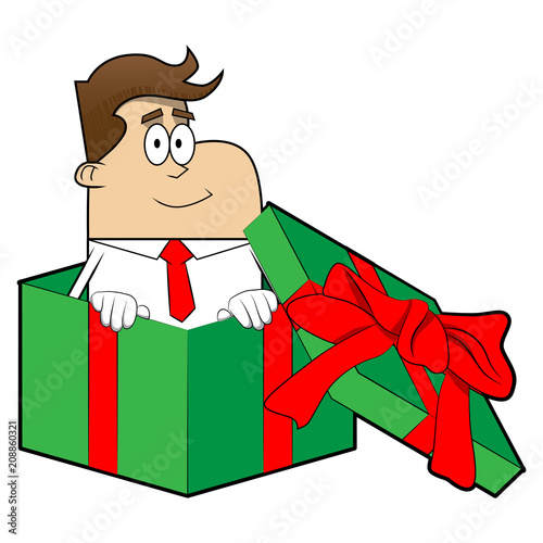 Simple retro cartoon of a businessman in a gift box. Vector cartoon illustration.
