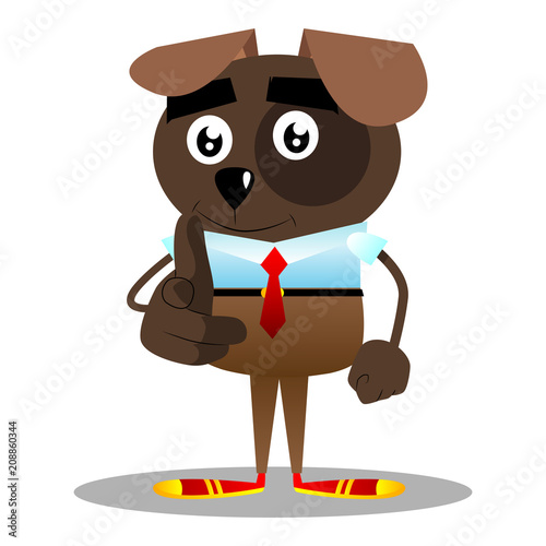 Cartoon illustrated business dog pointing at the viewer with his hand.