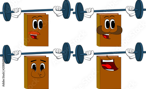 Books weightlifter lifting barbell. Cartoon book collection with happy faces. Expressions vector set.