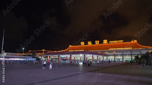 zhuhai city night illuminated border port crowded square panorama 4k china
 photo