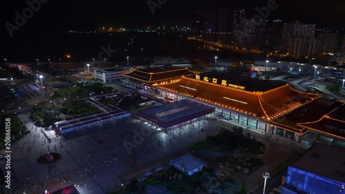 zhuhai city night illuminated border port rooftop panorama 4k china
 photo