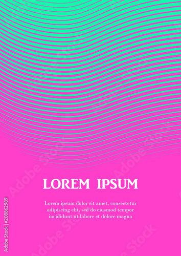 Vertical abstract background with striped halftone pattern in fluorescent colors. A wavy texture of gradient line ornament. Design template of flyer, banner, cover, poster in A4 size. Vector 