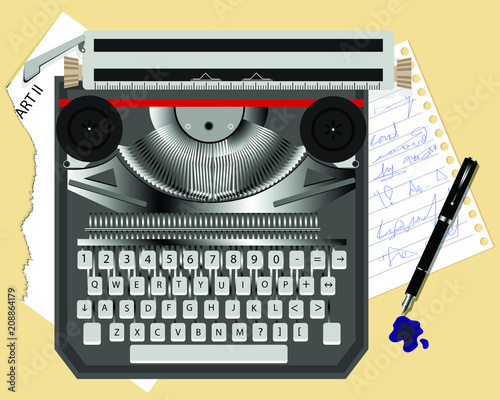 old typewriter, pen and leaflets with text