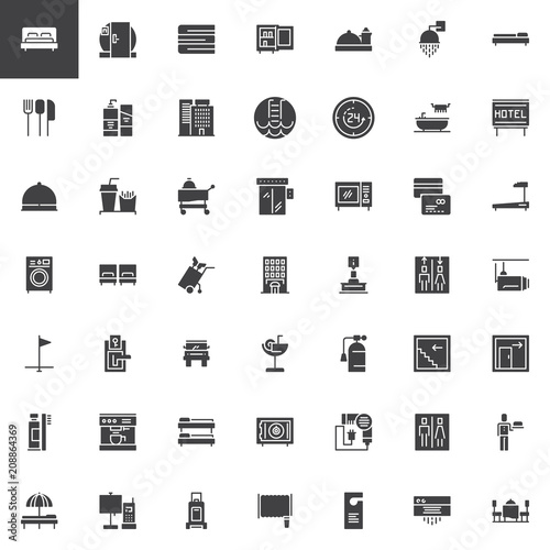 Hotel vector icons set, modern solid symbol collection, filled style pictogram pack. Signs, logo illustration. Set includes icons as Double Bed Room, Mini bar, Room Service, Customer, Bell Reception