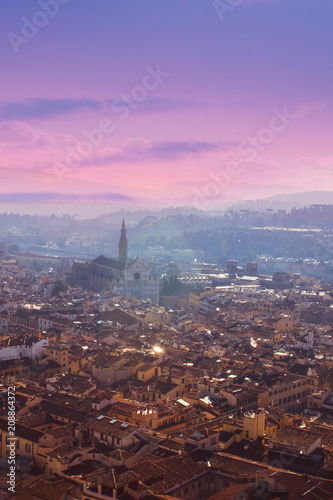Aerial view of Florence  Tuscany  Italy. View from Cathedral Santa Maria Del Fiore. Beautiful Florence sunset skyline  .
