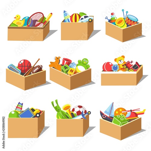 Boxes with kid toys vector icons