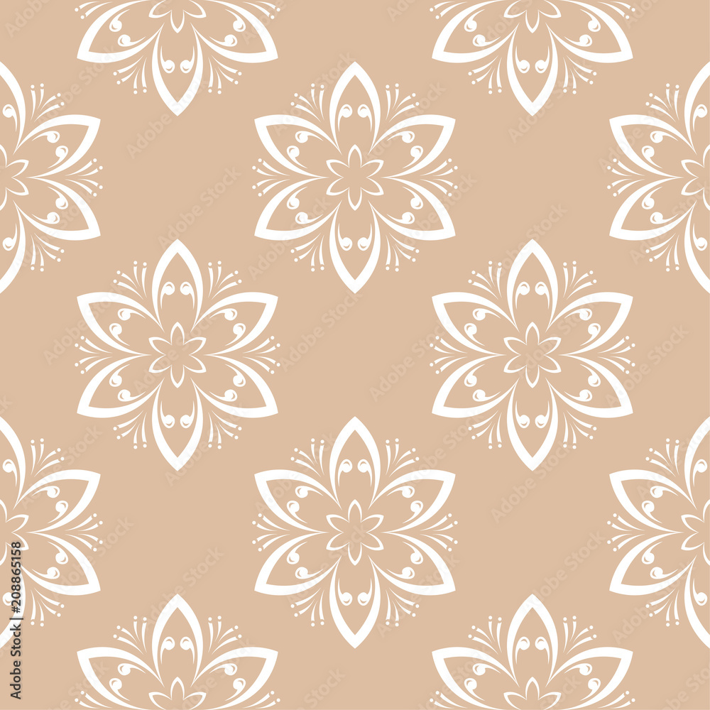 White floral seamless pattern on beige background White floral seamless pattern on beige background