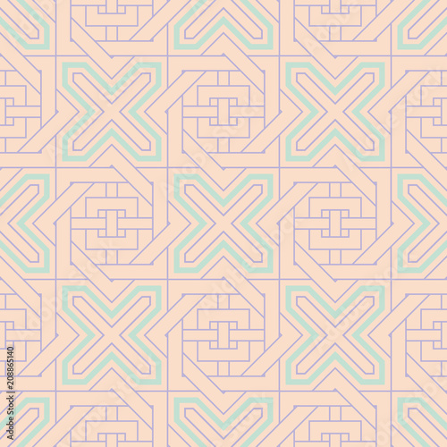 Seamless pattern with geometric design. Violet and blue elements on pale pink background