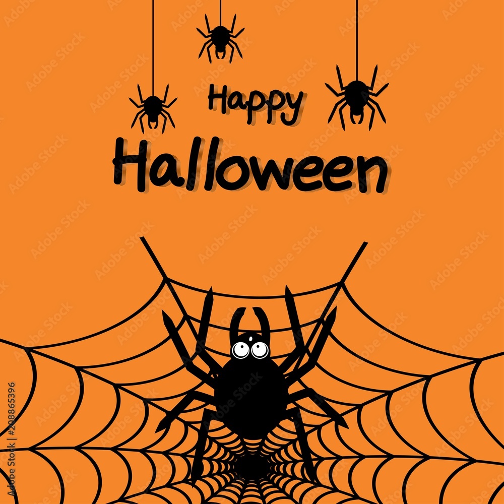 Happy Halloween spider web and spiders on orange background for ...