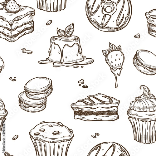 Dessert cakes vector sketch pattern background