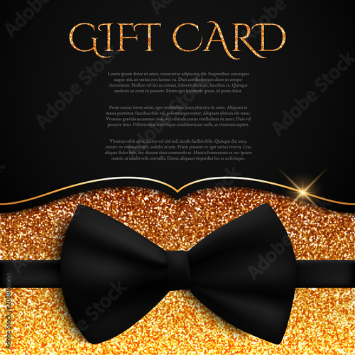 Gold gift card with glitter and bow tie, gift, voucher, certificate, vector illustration