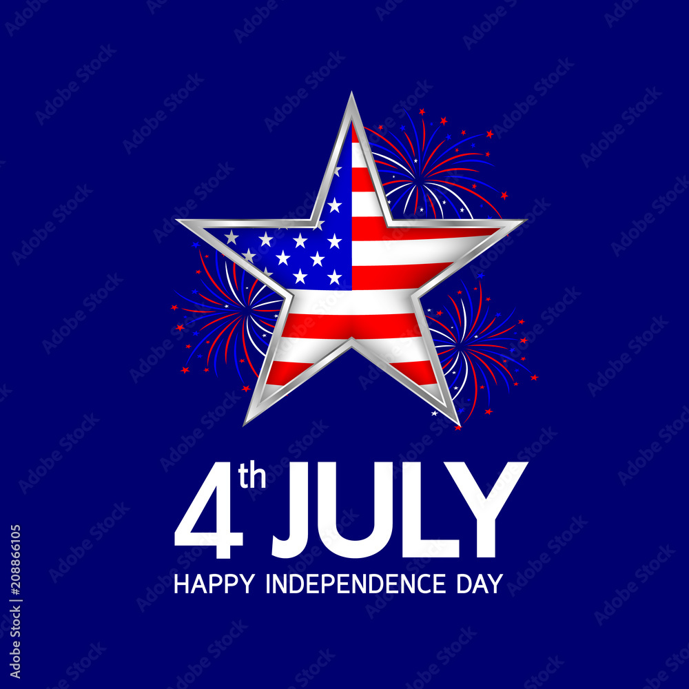 Happy 4th of july, independence day of the usa. Flag in star shape with fireworks celebration. Illustration isolated on blue background.
